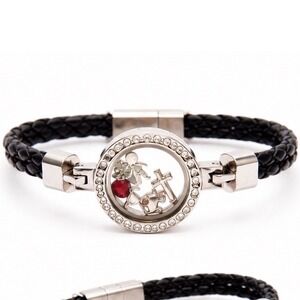 Black Braided Leather Floating Locket Bracelet Cross Family Charms Crystal